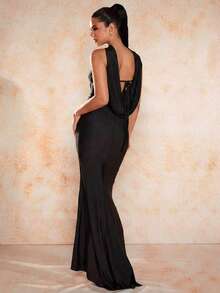 Glamine 绿色修身缎面领口露背摆领前抹胸优雅迷人鱼尾长款舞会礼服 - 黑色 - 查看 2