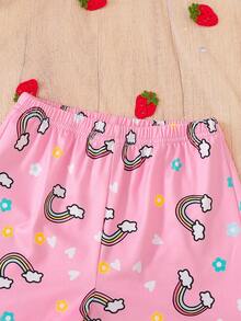 Conjunto de Pijama de Verão para Meninas Pequenas - Top de Manga Curta com Estampa de Coroa e Unicórnio em Azul Claro + Shorts com Estampa de Arco-íris e Nuvem Rosa, Estilo Princesa Fofo e Casual Solto, Roupa de Casa de Verão para Bebês com Estampa Fofa de Unicórnio Cartoon - Azul - Visão 9