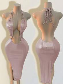 Mistrie 度假海滩性感纯色露背吊带裙 - 淺粉色 - 查看 6