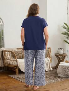 Serenescape Plus Size Women Solid Color Top With Floral Tie Bow Collar + Print Long Pants Pajama Set - Navy Blue - View 2
