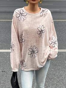 DAZY Camiseta de mujer de corte holgado con cuello redondo y estampado floral - Beis - Ver 3