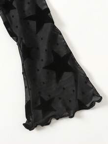 SHEIN Tween Girls Black Star Mesh Asymmetric Shoulder Knit Top, Casual Fashion Versatile - Black - View 6