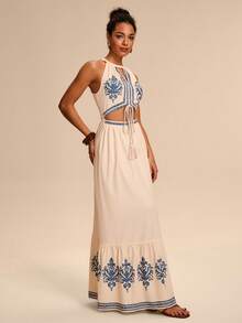 Breezaya 女士杏色底蓝色花卉印花圆领无袖收腰喇叭下摆流苏系带V领露腰休闲长裙，沙滩度假花卉图案，南非花卉图案 - 杏色 - 查看 4