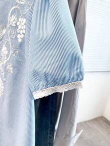 GlowEve CURVE Plus Size Women's Bestselling French Style Round Neck Puff Sleeve Embroidered Short Sleeve Blouse, Delicate Embroidery And Ruffle Design Cardigan, Slimming Fit Top, Suitable For Daily Commute And Outings - Blue and White - View 6