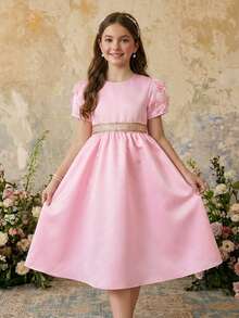 优雅的缎面公主风连衣裙，饰有花朵和流苏，适合女孩穿着，适合春夏派对和庆典，精致的设计提升了整体的奢华美感。 - 粉色 - 查看 13