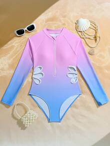 SHEIN 少女渐变色拉链镂空长袖连体泳衣 - 淺藍色 - 查看 5