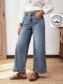 EMERY ROSE Plus Size Women Street Casual Comfortable Mid-Blue Non-Stretch Ruffle Hem Straight Leg Jeans - Medium Wash - View 3