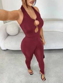 SHEIN SXY 纯色露背吊带无袖连体裤，通勤必备 - 酒紅色 - 查看 3