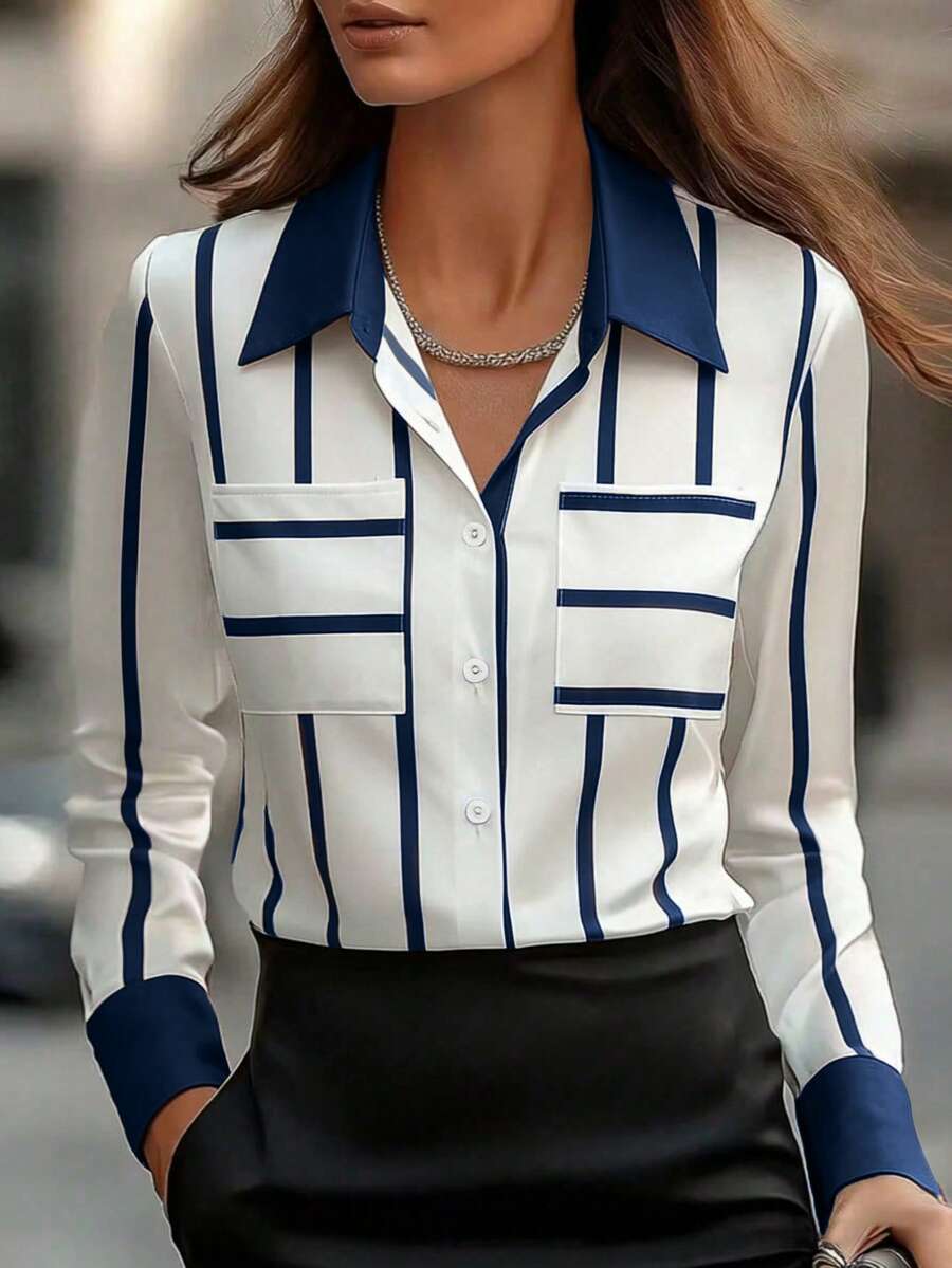 SHEIN قميص نسائي، طوق منقلب، أكمام طويلة، أمامي بأزرار، تصميم تلوين على الطوق والأساور والجسم والأكمام، قصة فضفاضة عادية، طراز أزياء للارتداء اليومي - أزرق بحري - مشاهدة 1