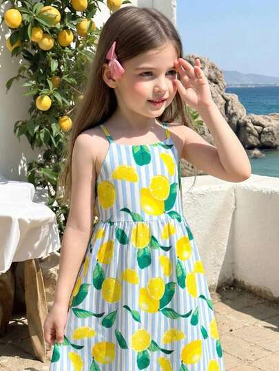 1pc 6 Months - 2-3 Years Old Girls, Fresh & Energetic Lemon All-Over Watercolor Print Sleeveless Dress, Lightweight Fabric, Vibrant Fruit Style Sundress Set, Summer Beach Holiday Outfit