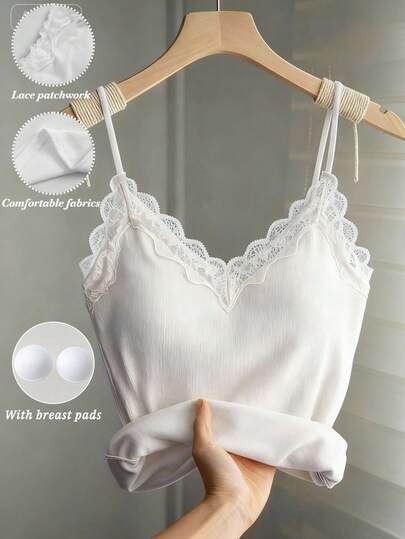 Franclia 大码女士纯色蕾丝拼接优雅吊带背心，女士蕾丝拼接V领抹胸吊带背心，时尚女士秋冬上衣，女士天鹅绒蕾丝打底衫，适合秋冬穿着，女士冬季服装，女士秋季穿搭，女士新年穿搭，白色衬衫，女士纯色打底衫内置胸罩吊带背心，适合作为优雅外套，女士休闲户外吊带背心