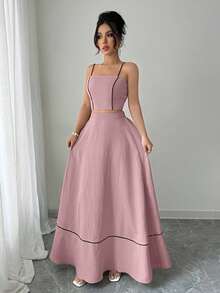 Elenzga 女士优雅吊带上衣和A字型长裙两件套，时尚/度假休闲 - 藕粉色 - 查看 4