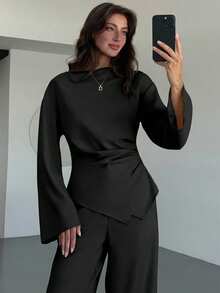 Aloruh 极简杏色办公室穿搭：女士褶皱喇叭袖衬衫 + 超长直筒阔腿裤 - 黑色 - 查看 3