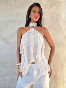 Aloruh 女士优雅多层荷叶边立领修身背心 - 白色 - 查看 4