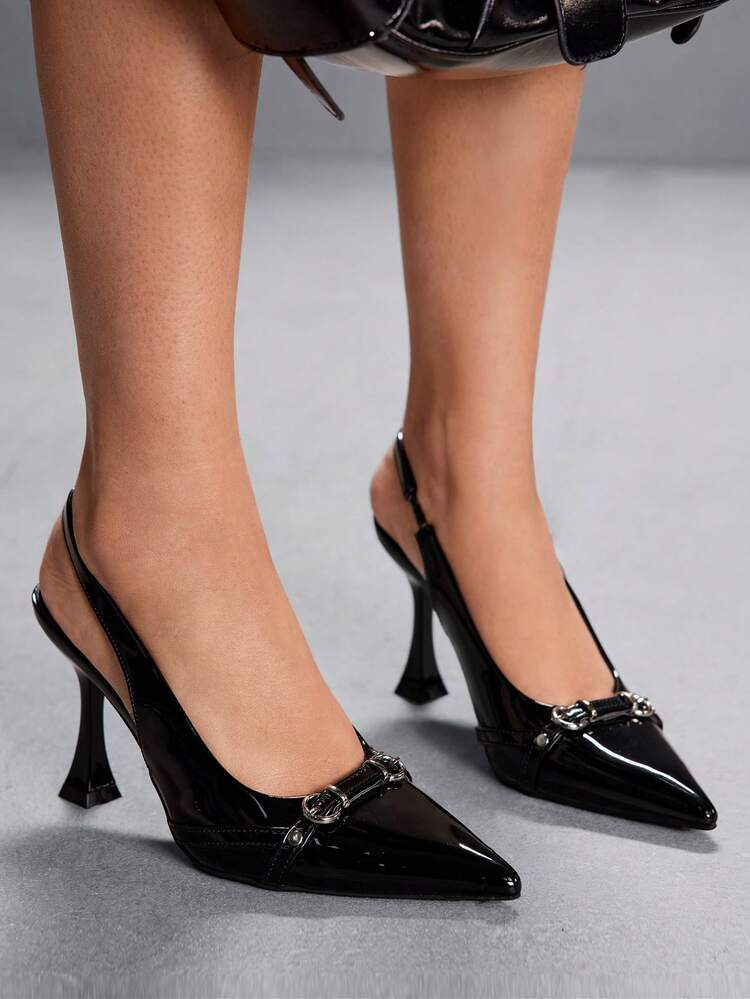 CUCCOO SZL Women's High Heels Pointed 9CM Women's Elegant Stiletto Shoes Back Strap Easy To Wear Mirror PU Material Cross Word Belt Buckle Black High Heels Kitten Heel Suitable For Daily/Party/Office Professional Shoes Women's Shoes