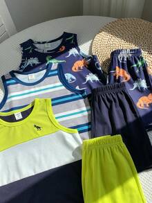 SHEIN 6件套男童夏季休闲度假可爱卡通条纹背心短裤基础款套装 - 彩色 - 查看 8