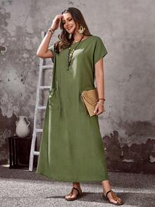 EMERY ROSE 大码女士休闲度假圆领短袖口袋连衣裙，春季 - 軍綠色 - 查看 6