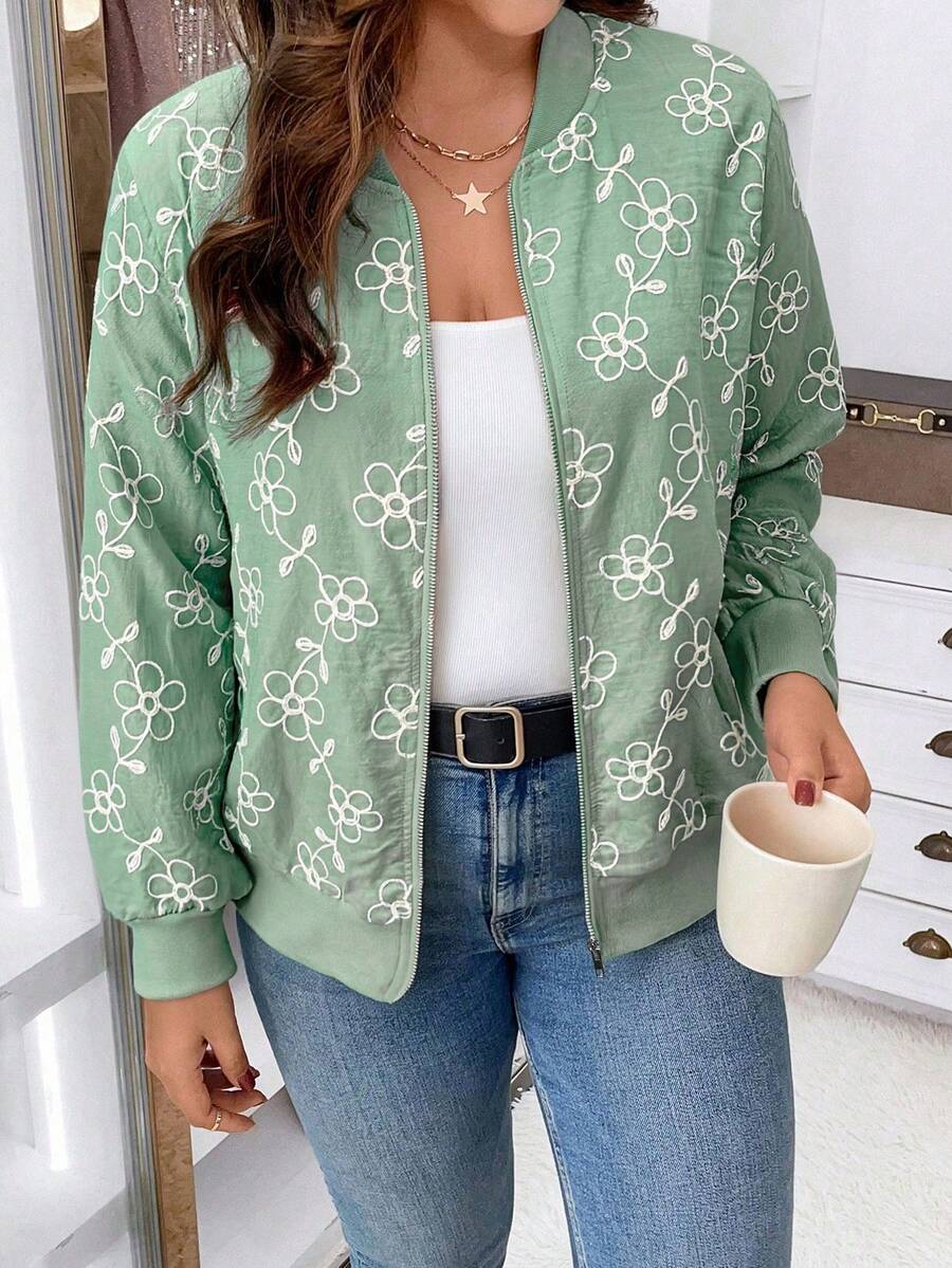 Easura Plus Size Embroidered Linen-Look Long Sleeve Jacket - Mint Green - View 1