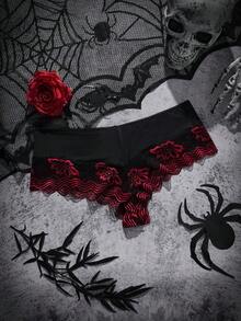 1pc Sexy Black & Red Lace Patchwork Thong Panty - Multicolor - View 3