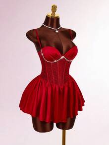 Amplova Sexy Party Women's Contrast Lace Ruffle Hem Spaghetti Strap Mini Dress - Burgundy - View 7