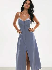 Poéselle 女士优雅蕾丝拼接格子吊带裙，夏季 - 黑色 - 查看 1