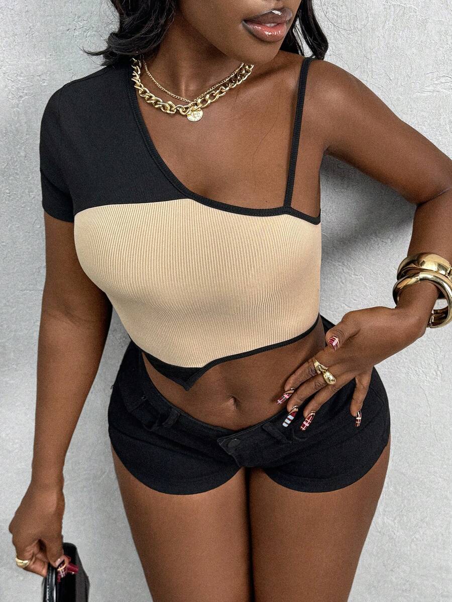 Glyssa Camiseta sexy de corte en el hombro y contraste de colores para mujer, adecuada para salidas, reuniones y uso diario, primavera/verano - Multicolor - Ver 1