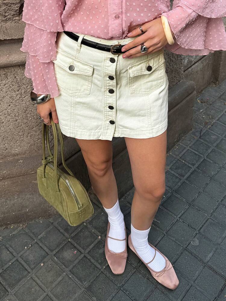 Loose Metal Buckle Decor Casual Women Denim Mini Skirt Y2k