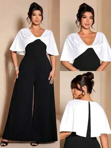 Cravure Mono elegante con lazo decorativo y contraste de color para mujer talla grande - Negro - Ver 2