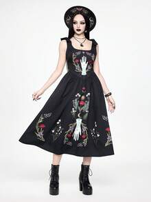 ROMWE Women's Mysterious Gothic Plant Palm Vine Print Sleeveless Dress - Black - View 6