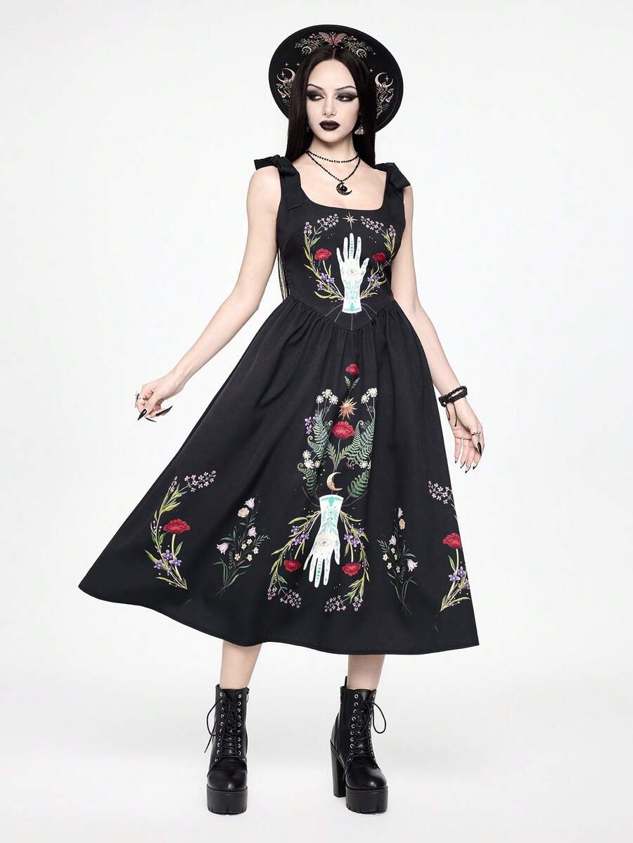 ROMWE Goth 女士神秘哥特植物棕榈藤印花无袖连衣裙 - 黑色 - 查看 1