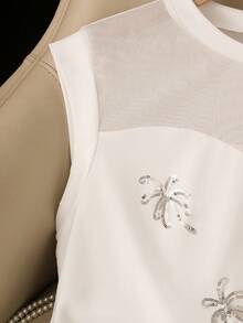 GlowEve Women's French Sexy Heavy Sequin Embroidery Pattern Stylish Mesh Splicing Short Sleeve T-Shirt, Summer - White - View 4