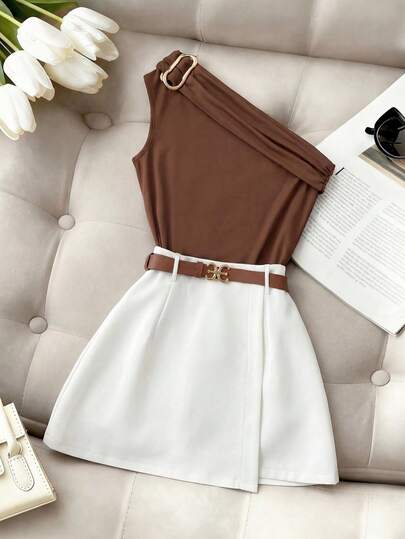 GlowEve Women's Elegant Casual Commuter Outfit, High Stretch Solid Brown Pleated Shoulder Metal Decor One Shoulder Cold-Shoulder Top Paired With White Elastic Waist Mini Skirt, Versatile For Vacation, Spring, Brunch, Easter, Music Festival, Elegant, Casual Set, Minimalist, Black Bar, Dignified, Metal Decor Pleated One Shoulder Top, New Fashion