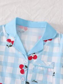 Sparklyn 学院风睡衣套装,浅蓝色格子图案,樱桃印花,翻领开衫,长袖上衣和长裤,甜美少女休闲家居服两件套。 - 藍色 - 查看 7