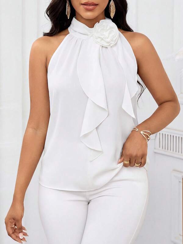 SHEIN Lady Women's Elegant Solid Color 3D Floral Decor Halter Top, Summer