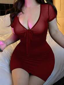 Vibekara 大码女式网纱前系带短袖紧身性感连衣裙 - 酒紅色 - 查看 6