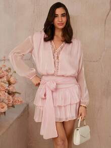 Enchnt Đầm ren phối ren, thắt eo, nơ, kiểu dáng thanh lịch - Hồng - Xem 8