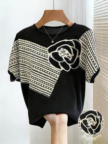 Chiquease Women's Black Floral Summer Elegant Pullover Knit Top For Brunch,Rhinestone Floral Jacquard Raglan Batwing Sleeve Color-Blocked Round Neck Knitwear - Multicolor - View 3