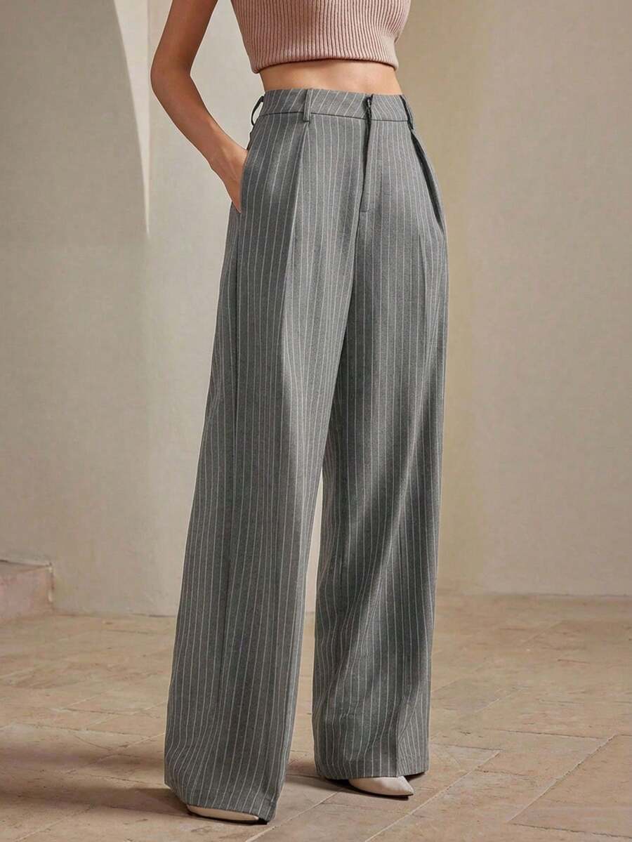 Anewsta Pantaloni a gamba dritta e ampia, stile urbano alla moda minimalista, a righe marroni Maillard, adatti per il pendolarismo, per le donne durante il Natale e il Capodanno - Grigio - Visualizzare 1