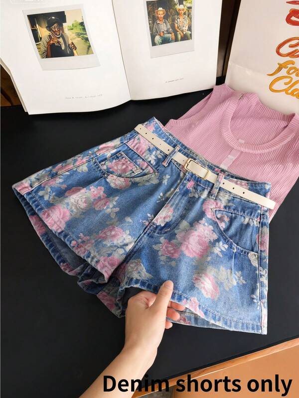 GlowEve กางเกงขาสั้นผ้ายีนส์ลำลองทรงหลวมพิมพ์ลายดอกไม้สำหรับผู้หญิง