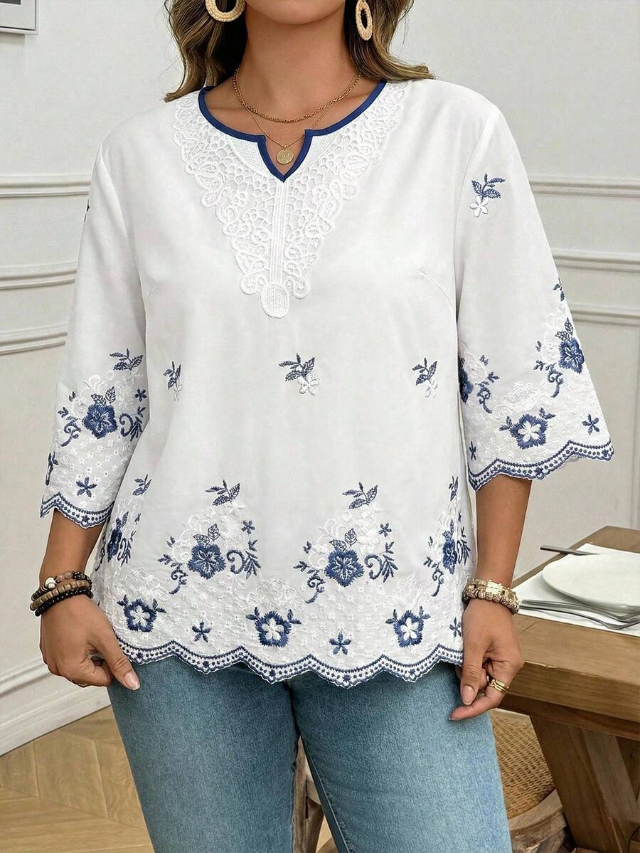 SHEIN VCAY 大码女式波西米亚风蓝色花卉刺绣七分袖衬衫，复古风格早春 - 白色 - 查看 1