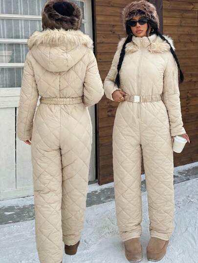 Muchica White Fuzzy Hat & Thick Jumpsuit For Women, Suitable For Playing In Snow In Autumn/Winter