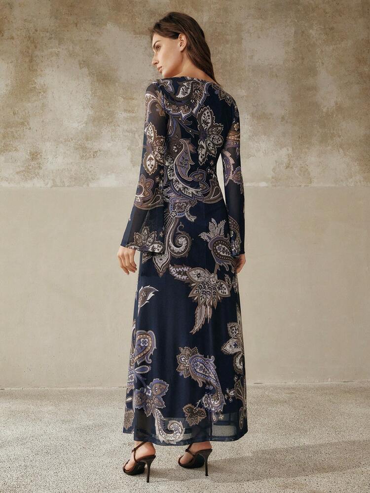 Anewsta Đầm ôm dáng thanh lịch, thiết kế eo thon, họa tiết hạt điều ngẫu nhiên, trang phục đi nghỉ mát cho nữ, thích hợp từ mùa xuân đến mùa hè. - Màu xanh hải quân - Xem 8