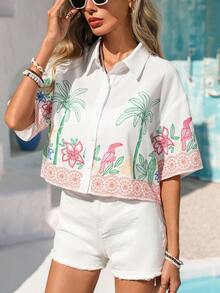 Vivid Eden Women's Open Front Casual Textured Vacation Short Sleeve Shirt - Multicolor - View 3