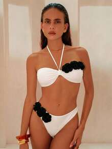 Swim Chiccia Bộ đồ bơi nữ màu trơn in hoa, bikini cho kỳ nghỉ hè ở bãi biển. - trắng - Xem 3