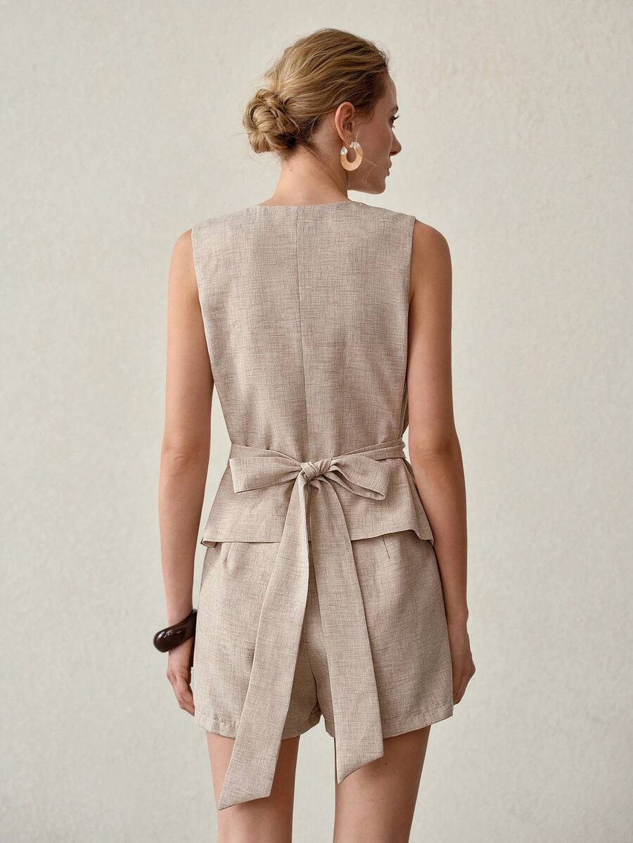 MOTF PREMIUM WOMEN'S DECORATIVE BUTTON TIE WAIST LINEN-LIKE TANK TOP - Khaki - View 2