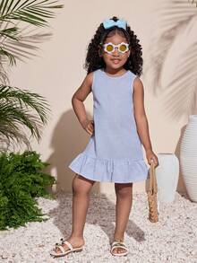 女童蓝色条纹美人鱼尾A字连衣裙，休闲时尚，百搭，适合派对、郊游、姐妹合照、公园、露营、度假、日常休闲等场合。 - 藍色 - 查看 6
