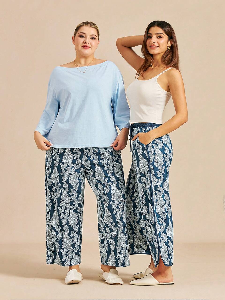 Women Plus T-Shirt & Patterned Pants Pajama Set