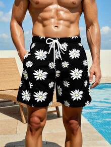 Manfinity Swimmode 男士雏菊印花抽绳腰带沙滩短裤 - 黑色 - 查看 4
