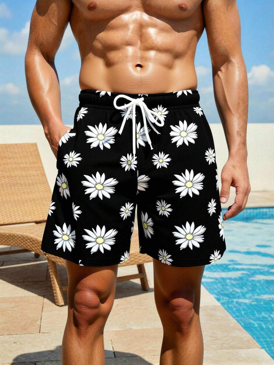 Manfinity Swimmode 男士雏菊印花抽绳腰带沙滩短裤 - 黑色 - 查看 1