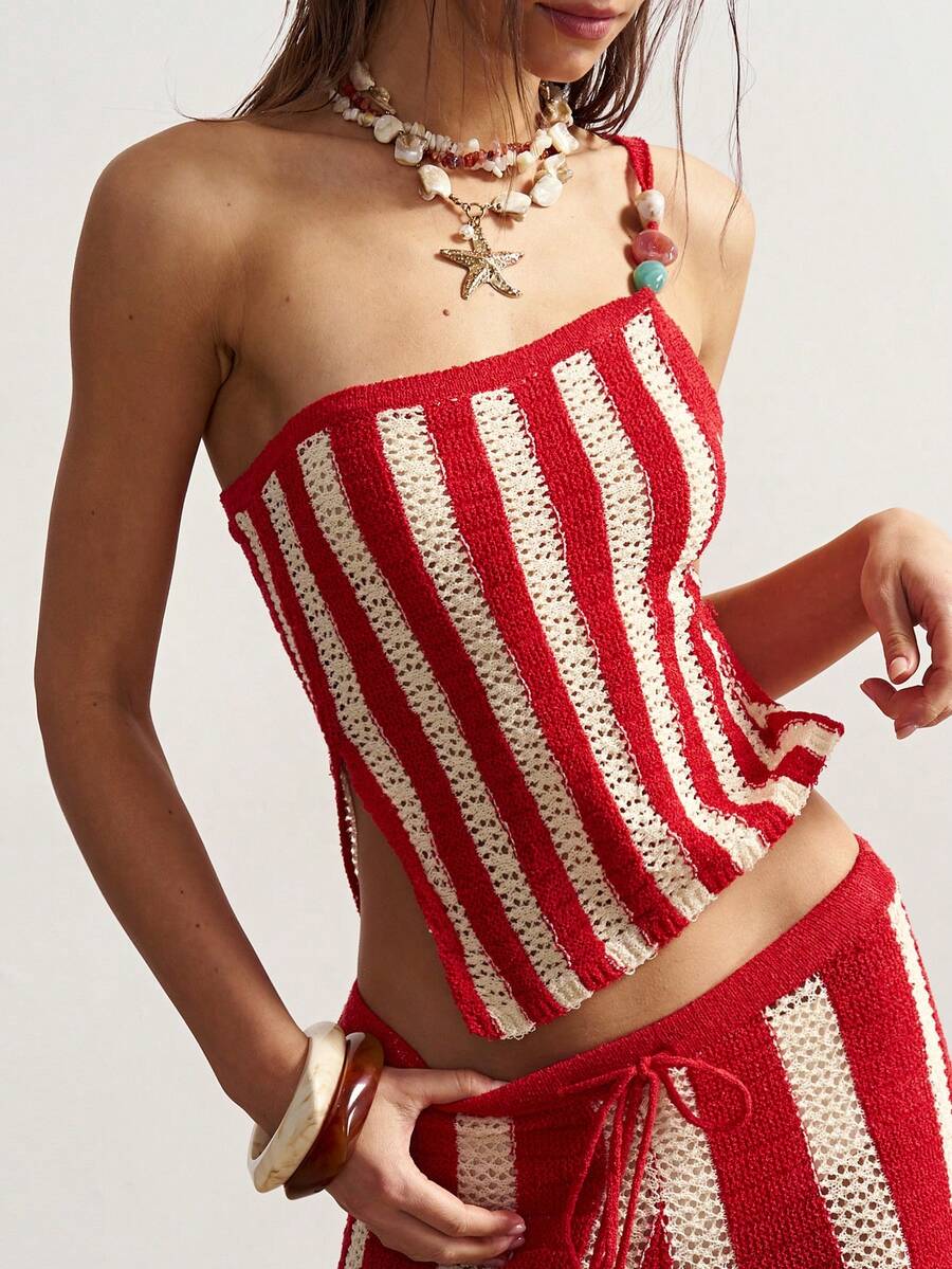 Bohemela 波西米亚风春夏复古女式度假休闲不对称下摆红色条纹单肩沙滩针织上衣，饰有串珠细节，西部乡村风格，适合音乐会派对、海滩度假、日常穿着、返校、外出、派对、情人节、新年、2000年代、夏季假期等场合。 - 紅色 - 查看 1